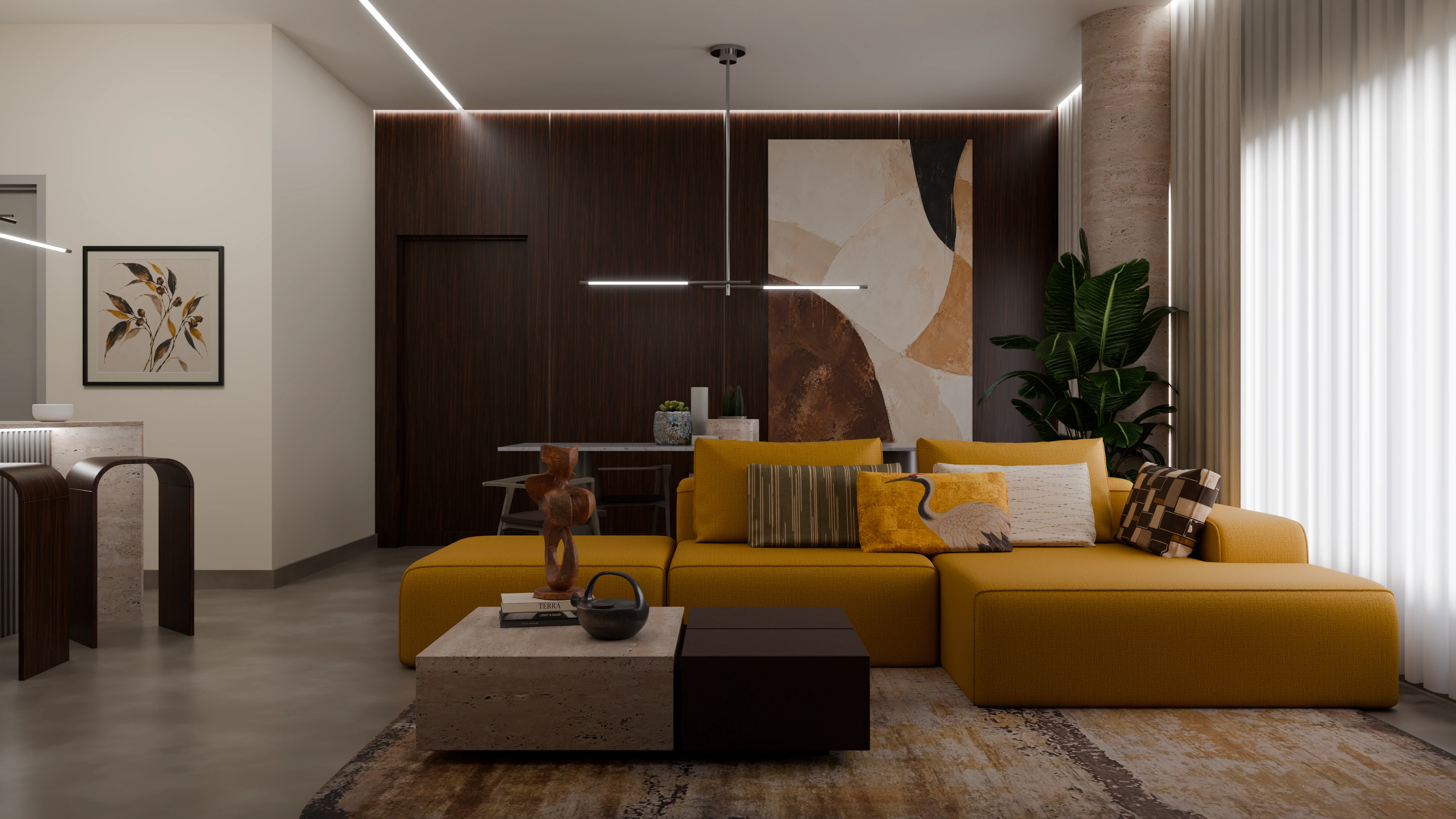 A living room with a walnut-panelled wall, a large textured painting, a mustard sofa and a travertine coffee table