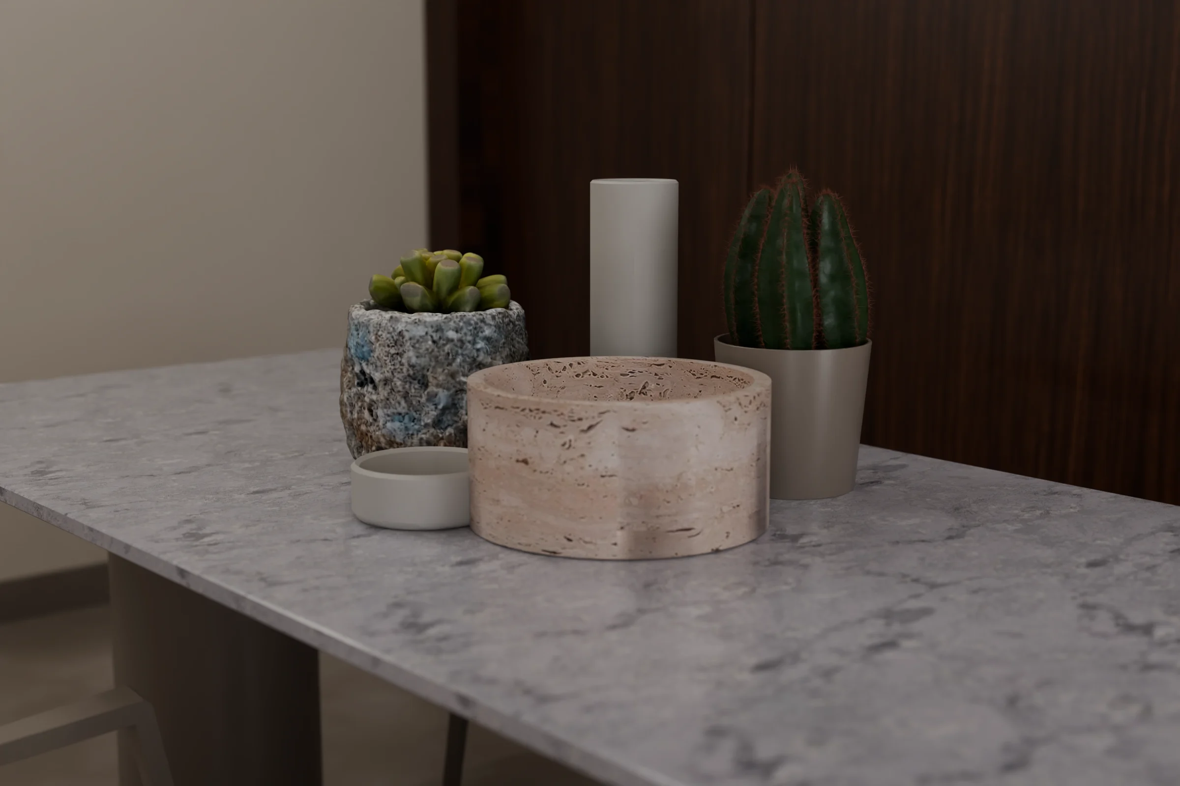 Plants, a travertine bowl and vases on a marble dining table