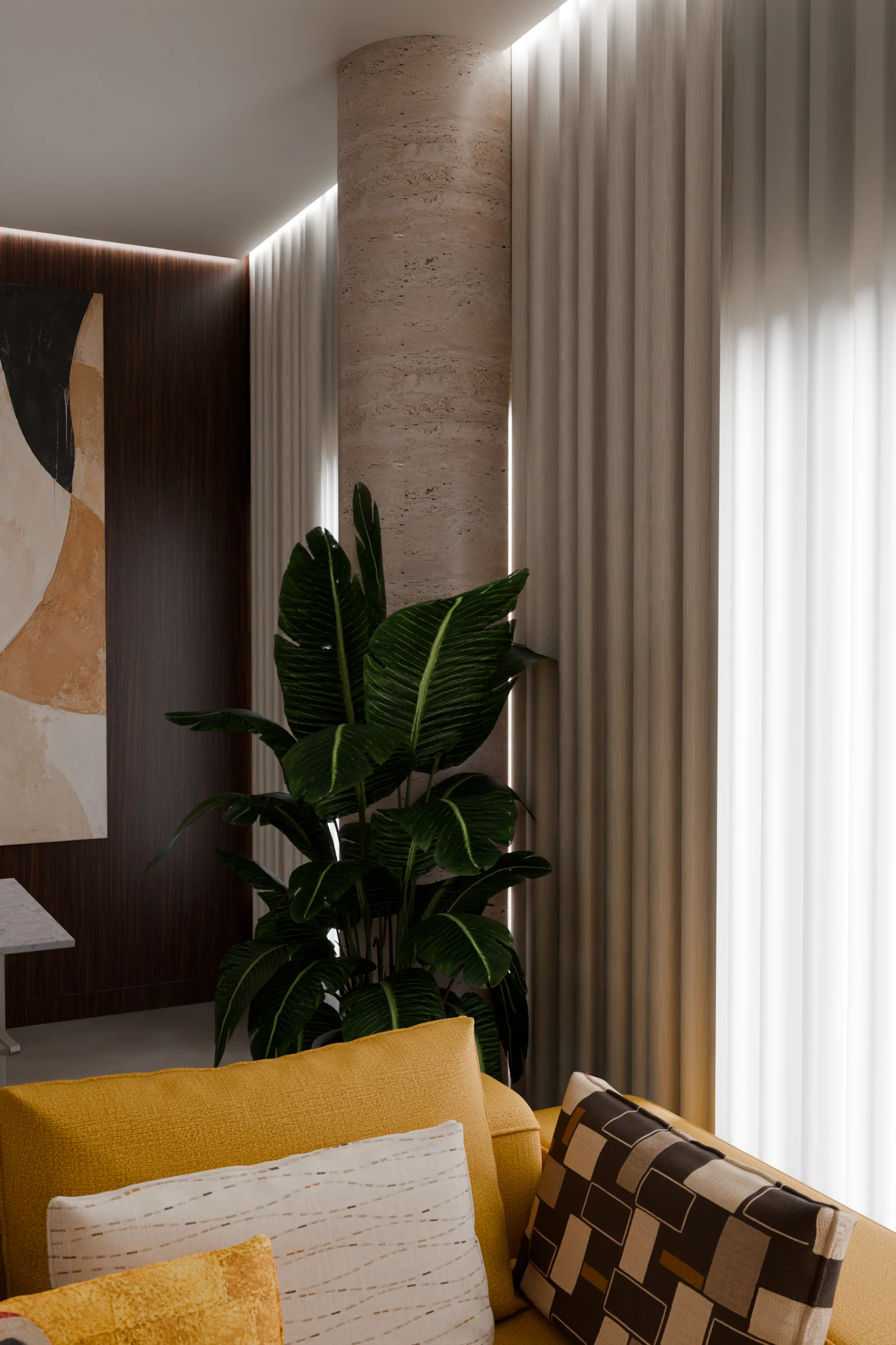 Window corner with a banana plant and a travertine pillar
